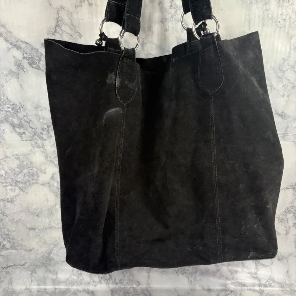 RAZ Women's 100% Genuine Letaher Purse Fringe Detail Black Boho Tote Soft Slouch